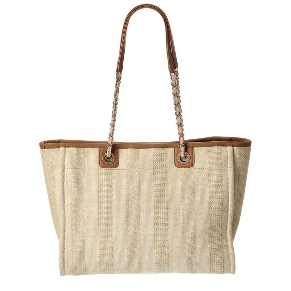 Chanel Beige Mixed Fibers & Calfskin Striped Small Deauville Tote - Picture 2 of 5